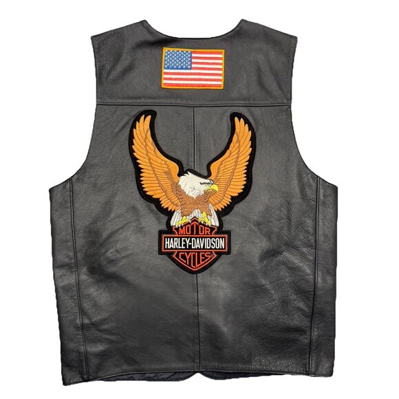 Harley Davidson HD Black Leather Vest Mens L Patches Eagle Flag Snap Pockets